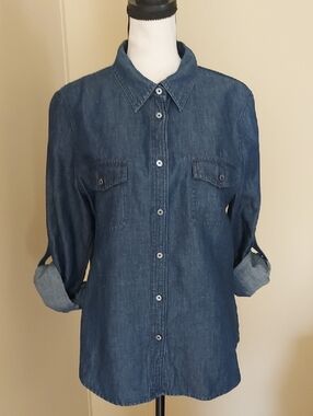 Talbots Classic Dark Denim Blue Button-Up Shirt With Roll Tab Sleeves